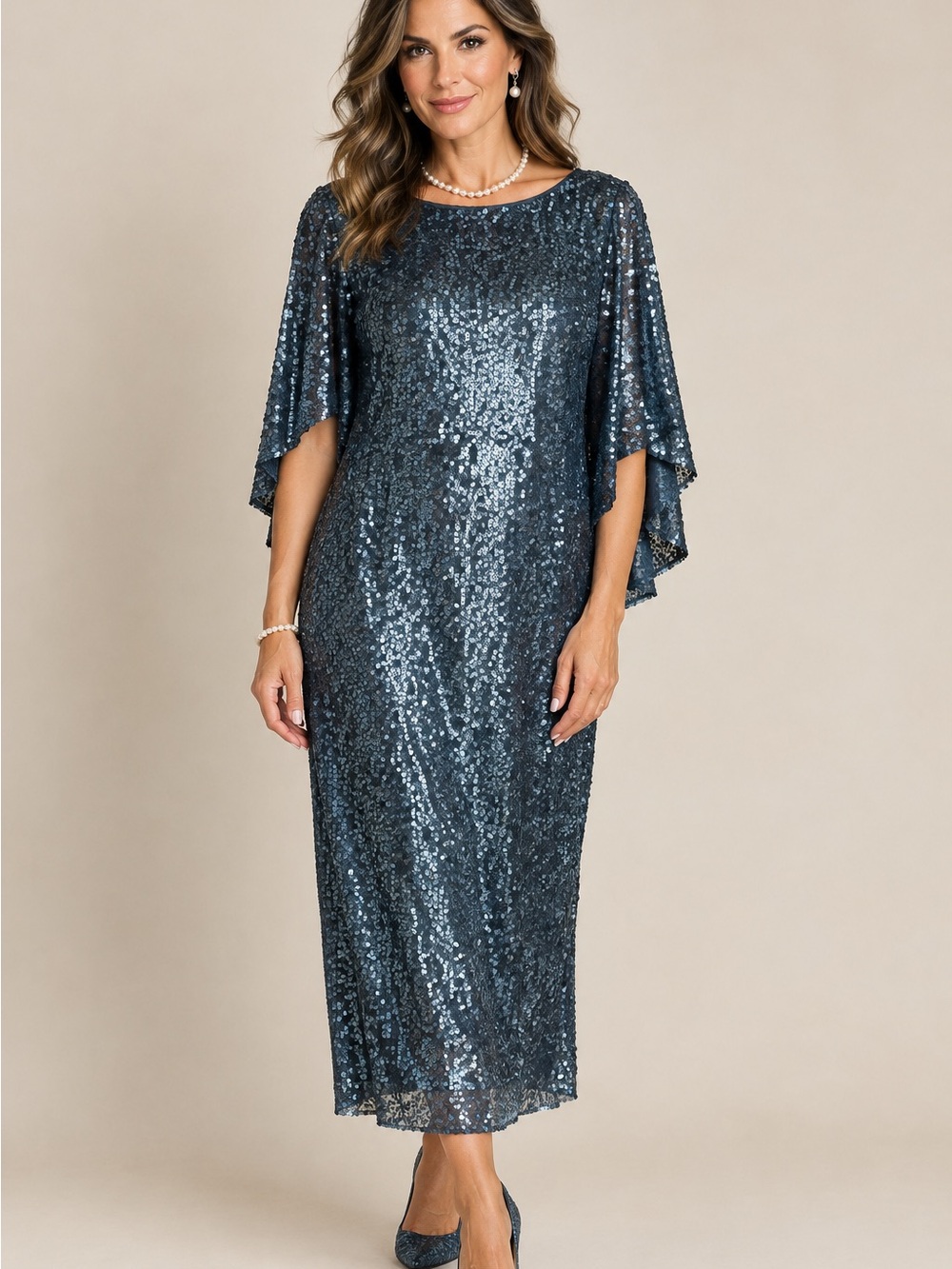 Alex Evenings Navy SequinDress with Draped Sleeves